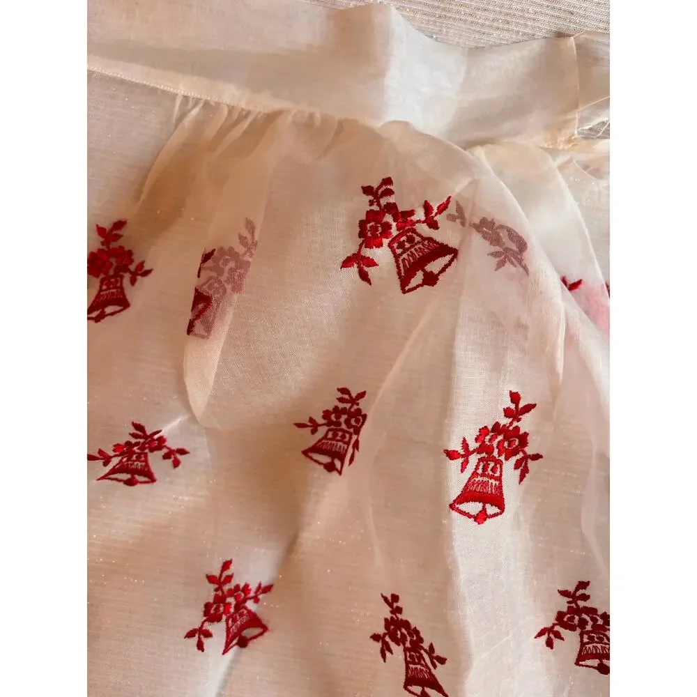 Vintage Christmas 1950s White Red Hostess Half Apron Sheer Housewife ScallopCUTE